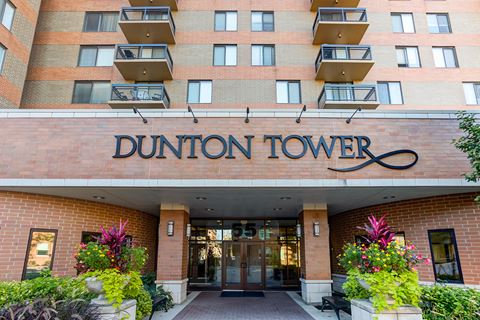 the entrance to the dunton tower condominium building