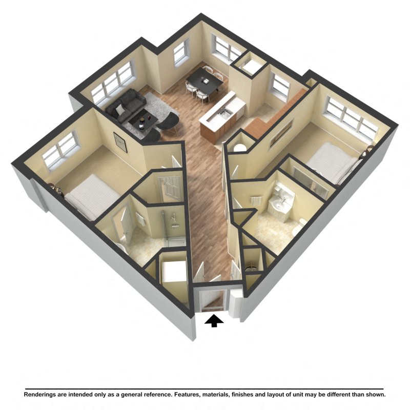 Two bedroom, two bathroom floor plan