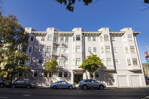 A white building with a tree in front of it.