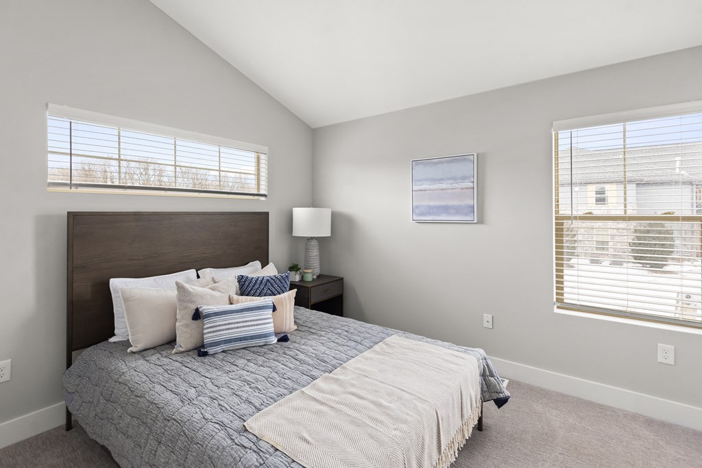 a bedroom with a large bed and two windows