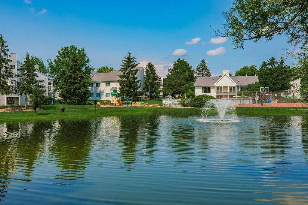 a fountain in the middle of a lake with houses in the background