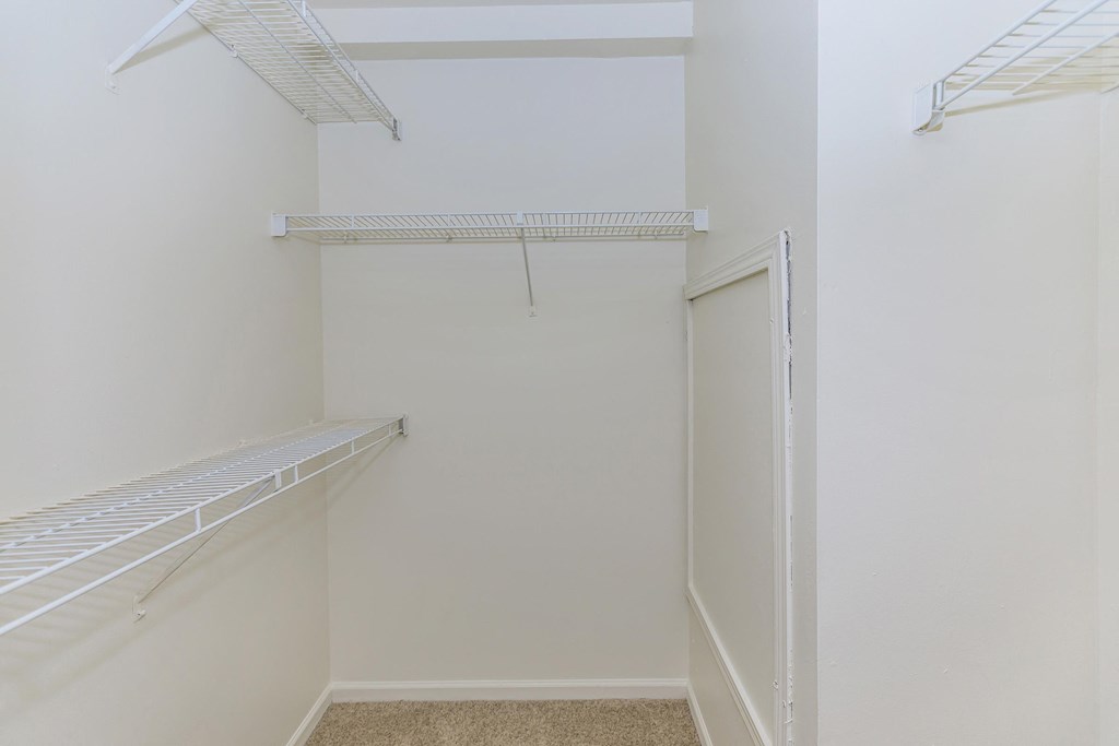 a walk in closet with shelves and a door to a closet