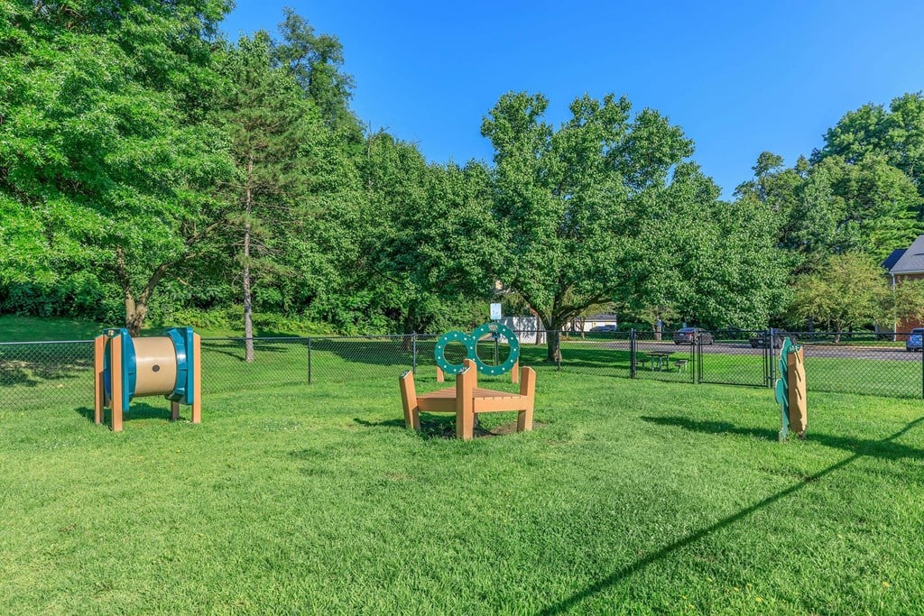 a park with a playground and a picnic table in the grass