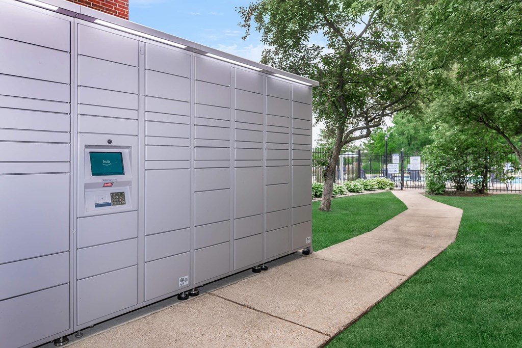 the storage facility is on the side of a sidewalk