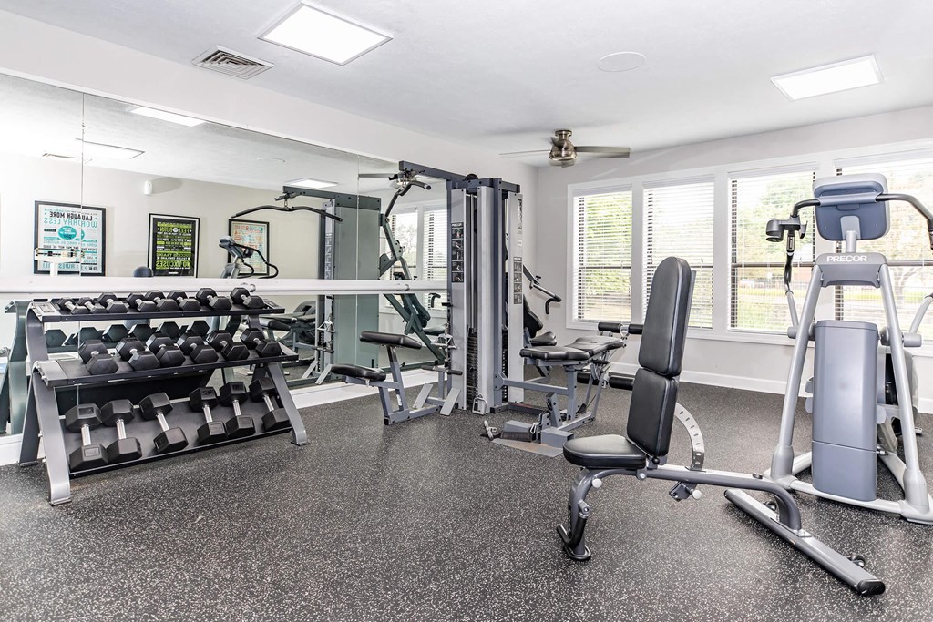 the gym is equipped with weights and cardio equipment at the preserve at great neck apartments