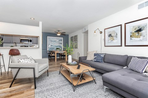 a living room with two couches and a table