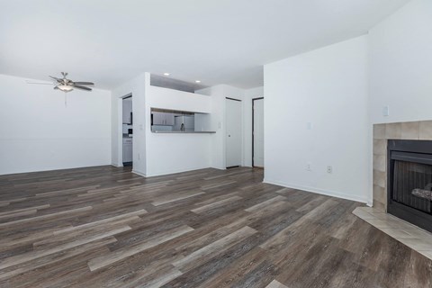 a living room with a fireplace and white walls and wood floors