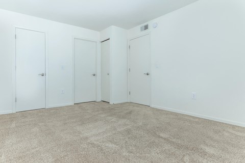 a room with carpet and white doors