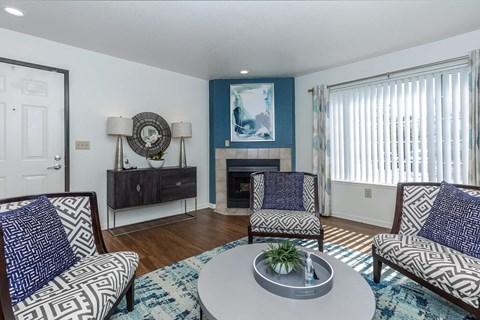 a living room with furniture and a fireplace