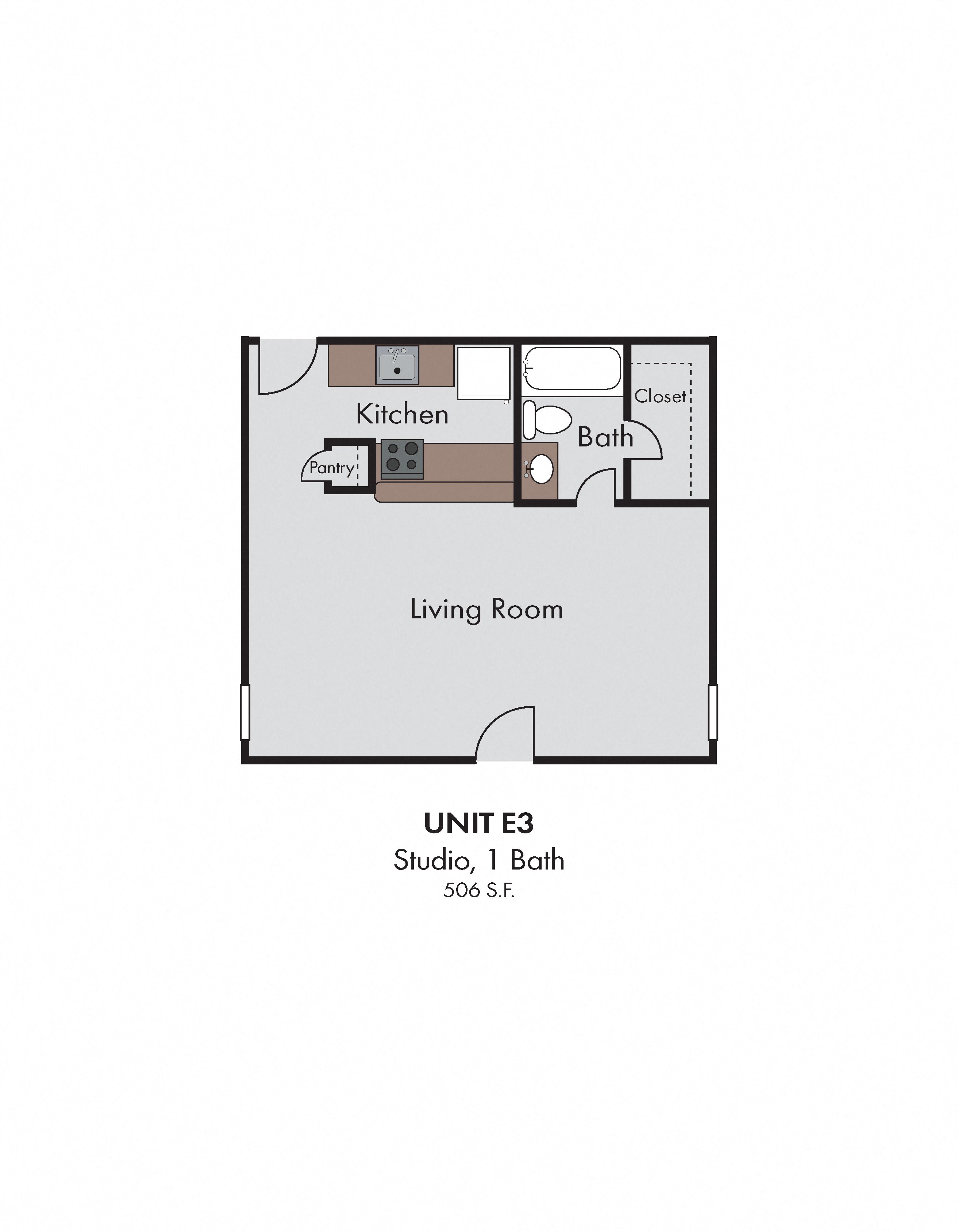 Studio Apartment 2D Floorplan Studio Apartment 2D Floorplan-The Paddock on Park Row Apartment Homes, Arlington, TX