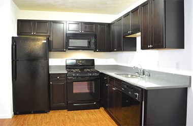 L-shaped kitchen with dark cabinets and gray countertop