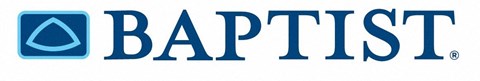 The image shows the word "BAPTIST" in blue letters with a blue square containing a white triangle above the letter 'A'.
