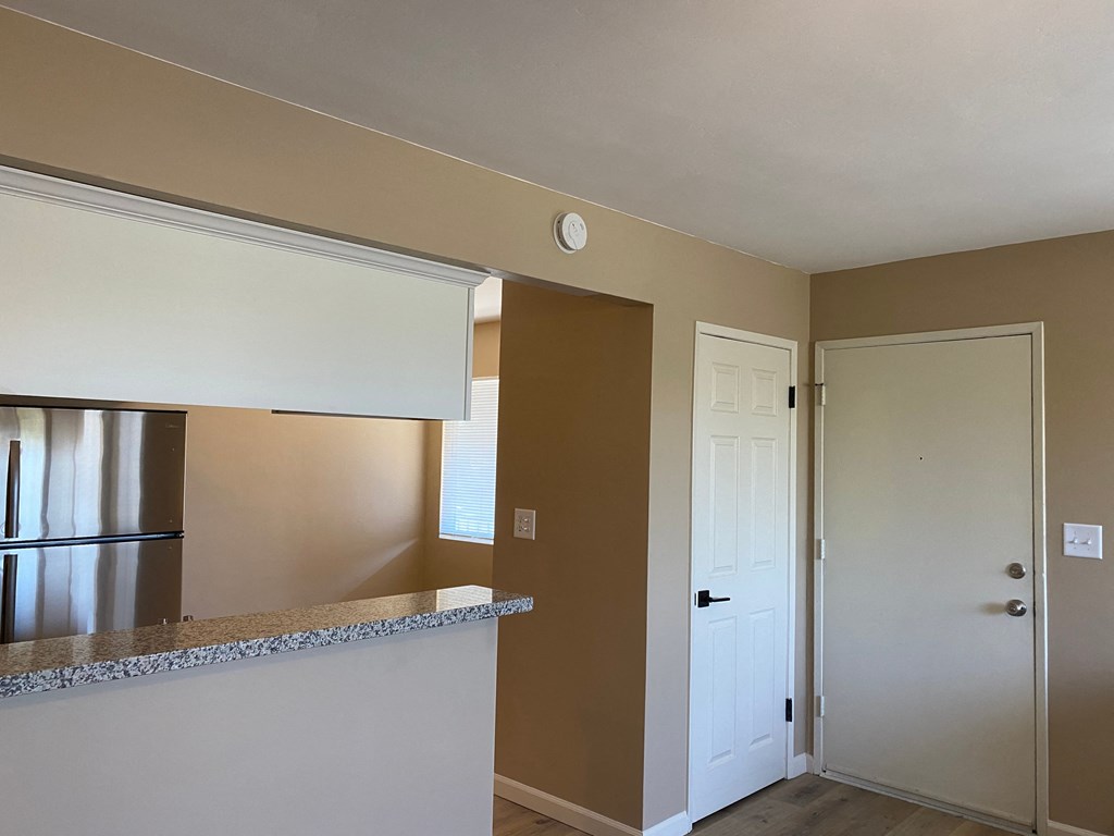 a kitchen with a counter and a refrigerator and a door