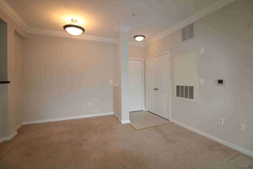 an empty living room with white walls and a door to a closet