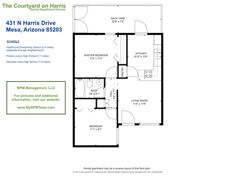 A floor plan for a rental apartment is shown with the address 431 N Harris Drive Mesa, Arizona 85203.
