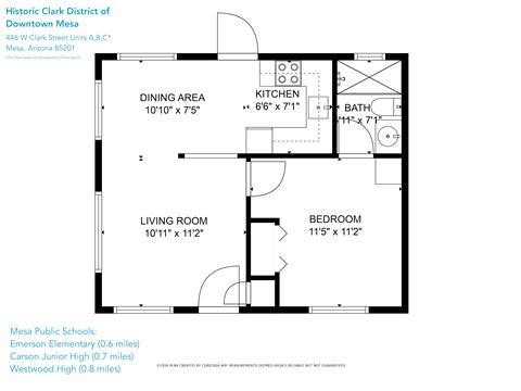 A floor plan for a home with a dining area, kitchen, living room, and bedroom.