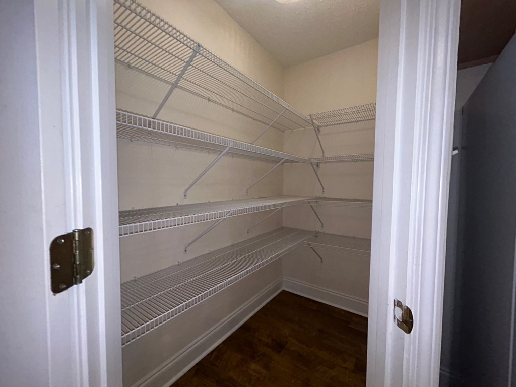 Empty walk-in closet with white shelves and a white door.