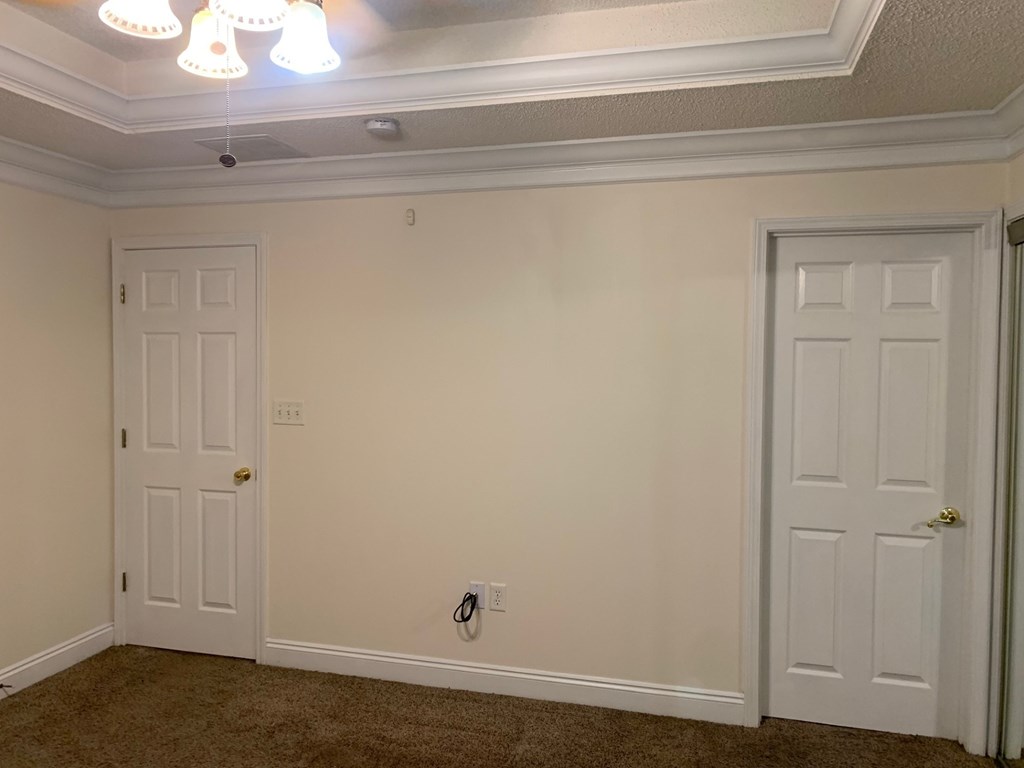 A room with two doors and a carpeted floor.