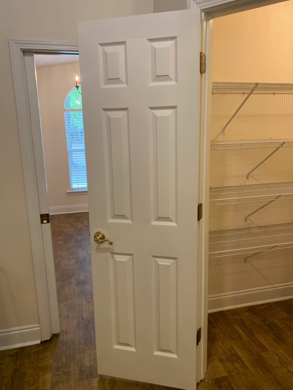 A white door is open to a room with a shelving unit.