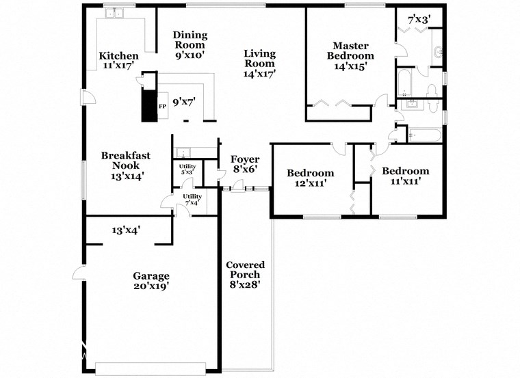 a schematic of the floor plan of a house with bedrooms and bathrooms