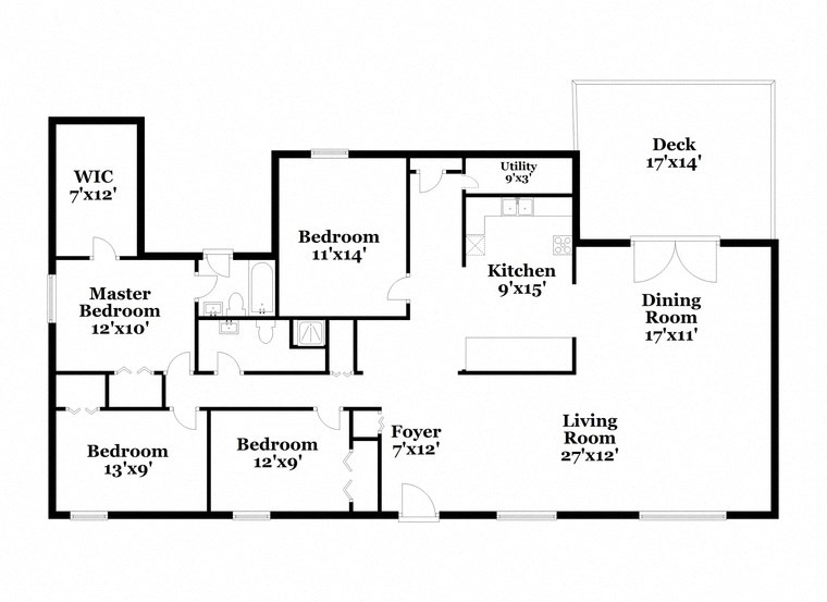 a floor plan of a house with a combination of bedrooms and baths and a deck