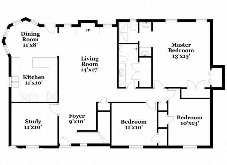 floor plan of a house with bedrooms and a living room and a kitchen