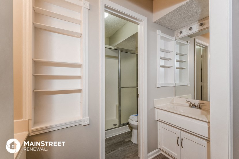a bathroom with a sink and a shower and a mirror