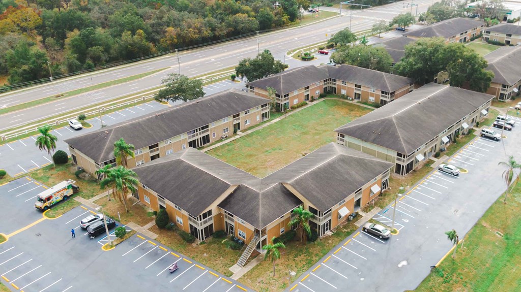 an overhead view of a building from the air