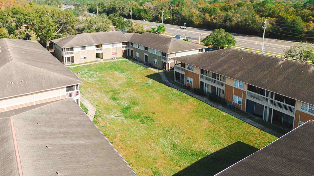 a view of the roof of a building from above