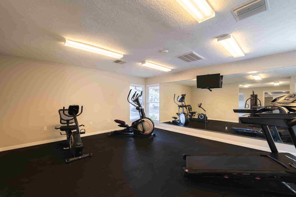 a gym with weights and cardio equipment in a room with a tv