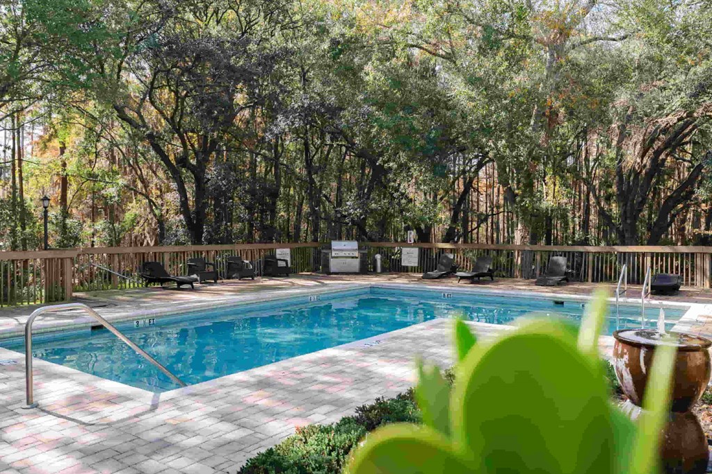 a swimming pool with trees in the background