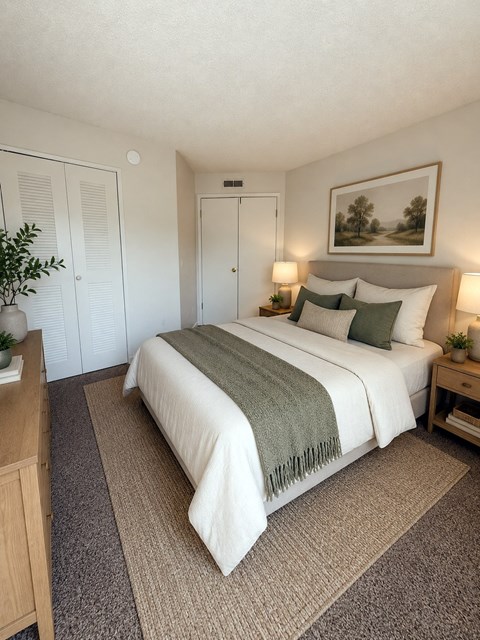 A bedroom with a large bed and a painting on the wall.