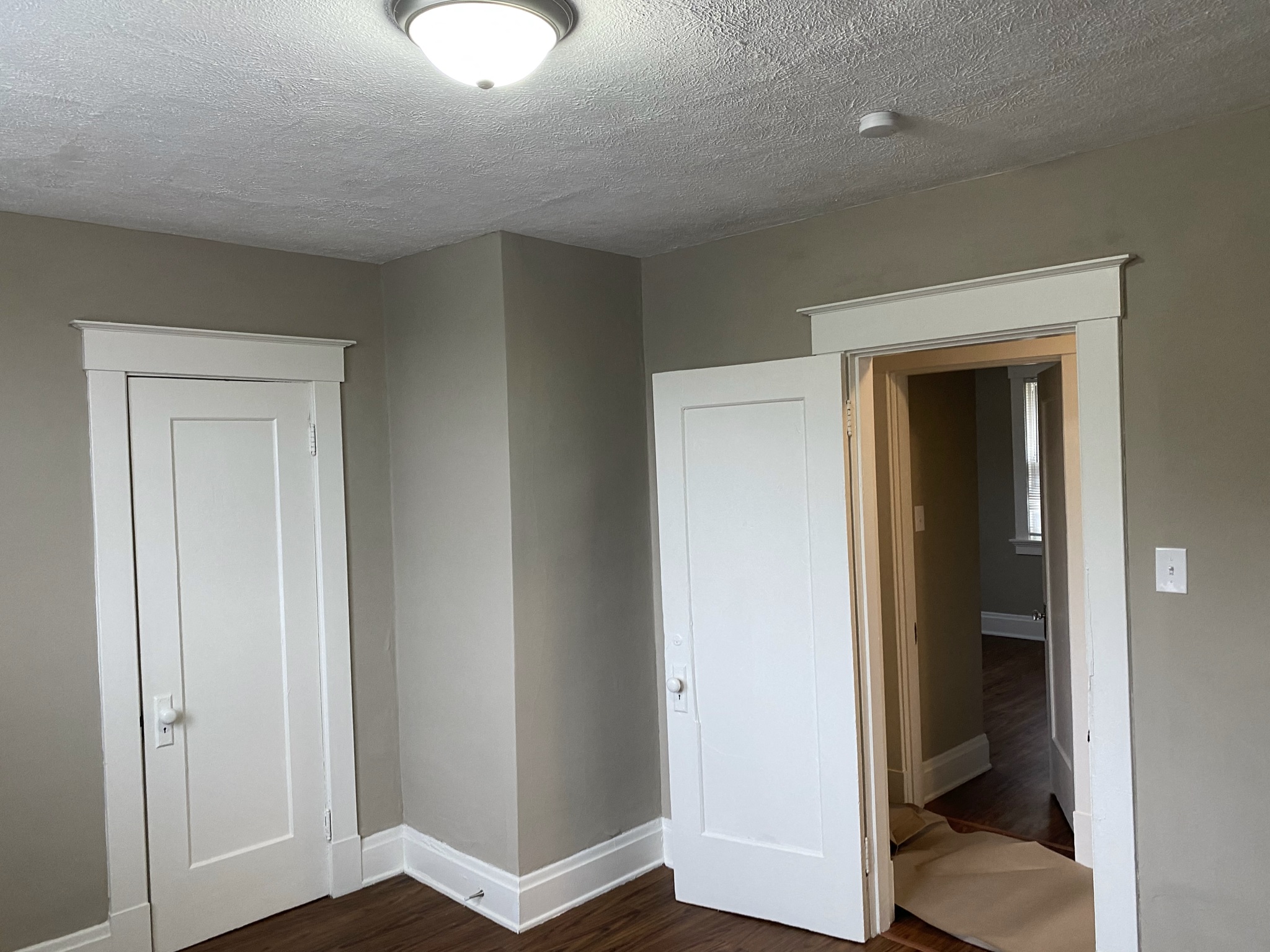 a living room with three doors and a hallway with a door open to a closet