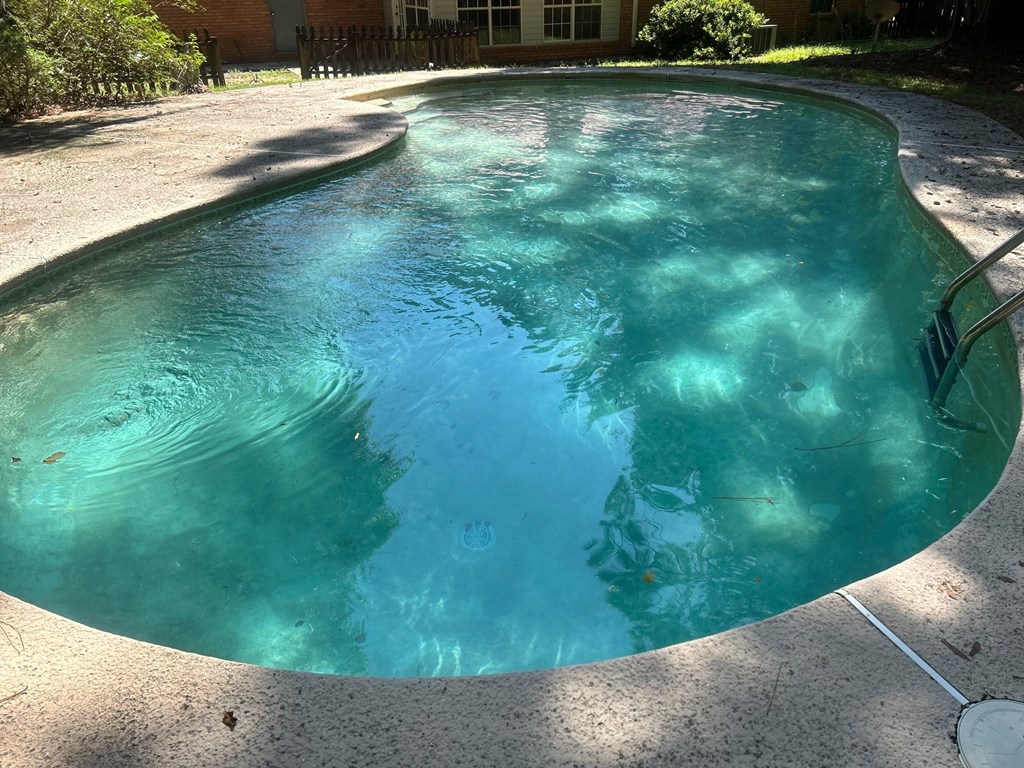 A round above ground pool with a ladder on the side.