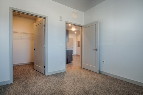 a bedroom with a closet and a door to a bathroom