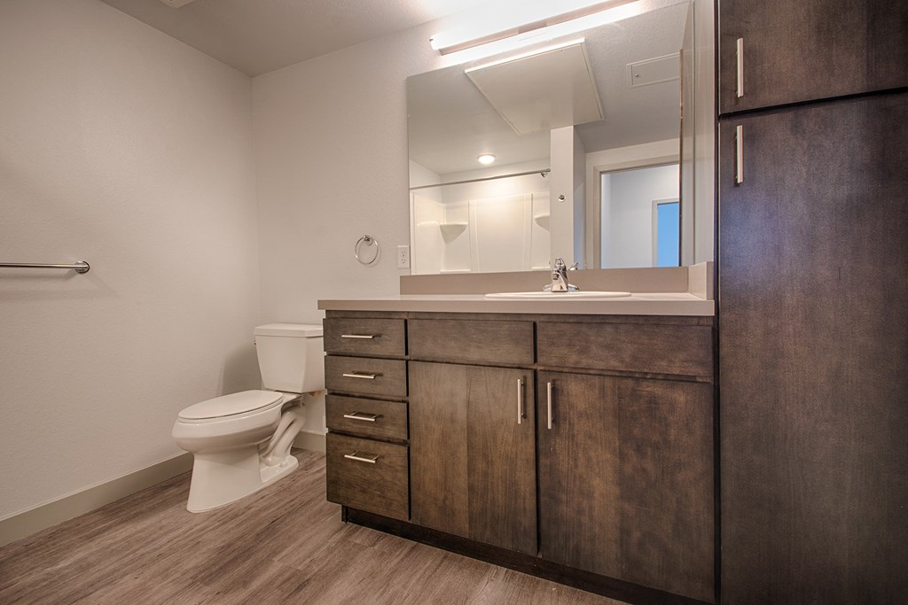 the residence on lamar apartment bathroom with toilet sink and mirror