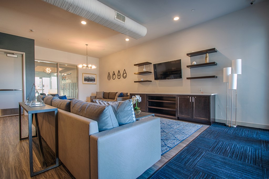 a living room with a blue rug and a couch