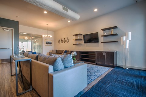 a living room with a blue rug and a couch