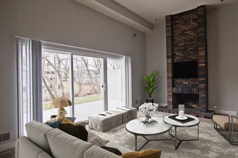 a living room with a couch and a table