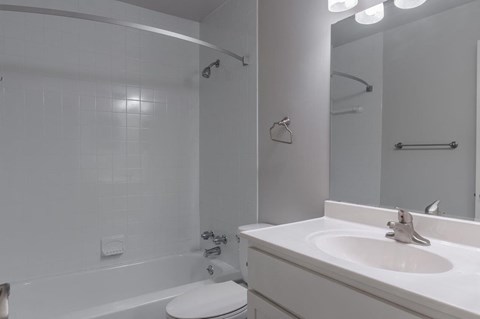 a bathroom with a white sink and a shower and a toilet