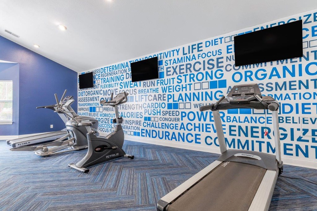 a gym with weights and a tv on the wall