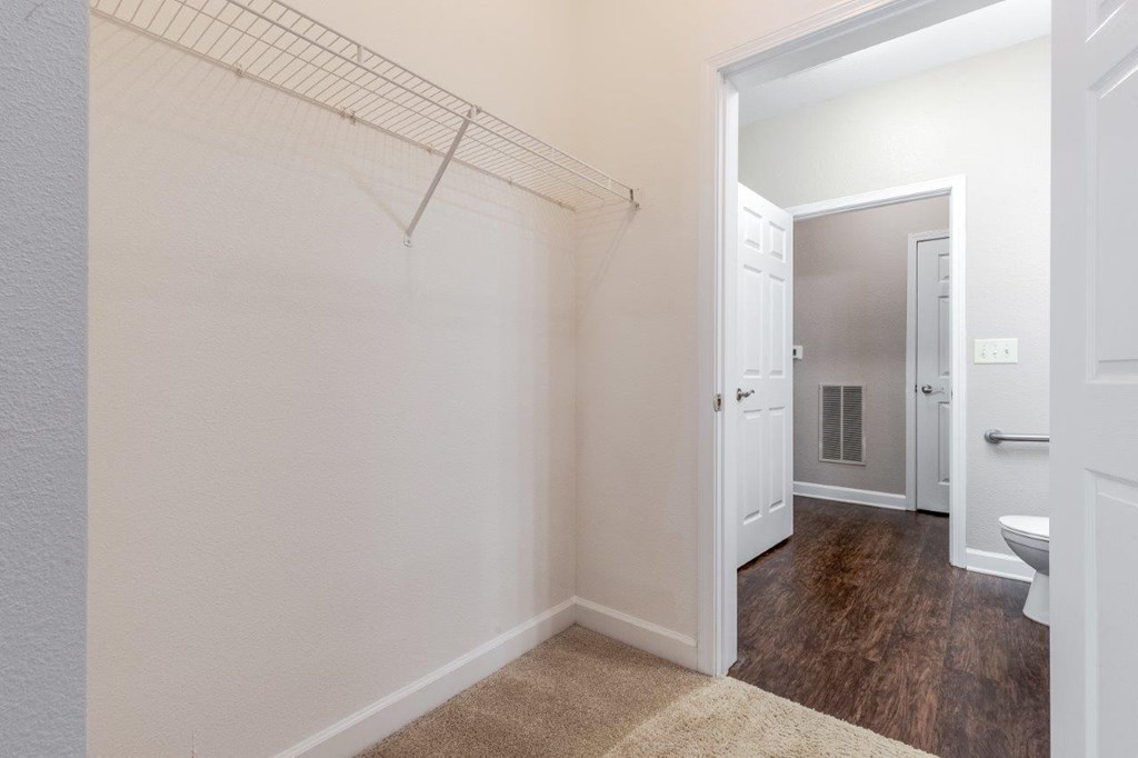 a closet in a bathroom with a toilet and a shower