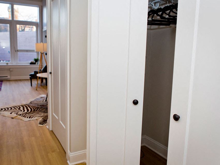 a closet with a zebra rug and a closet door open