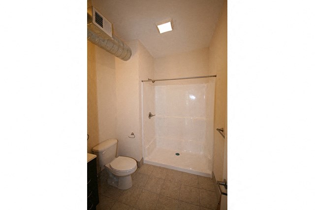 a bathroom with a shower and a toilet