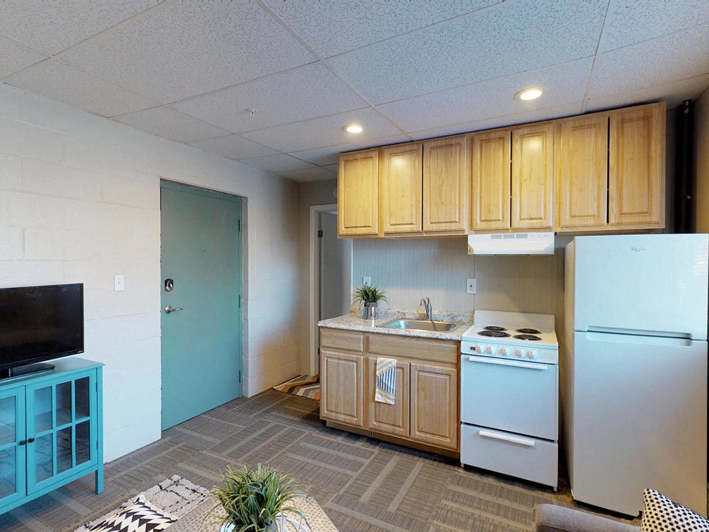a kitchen with a stove refrigerator and a sink