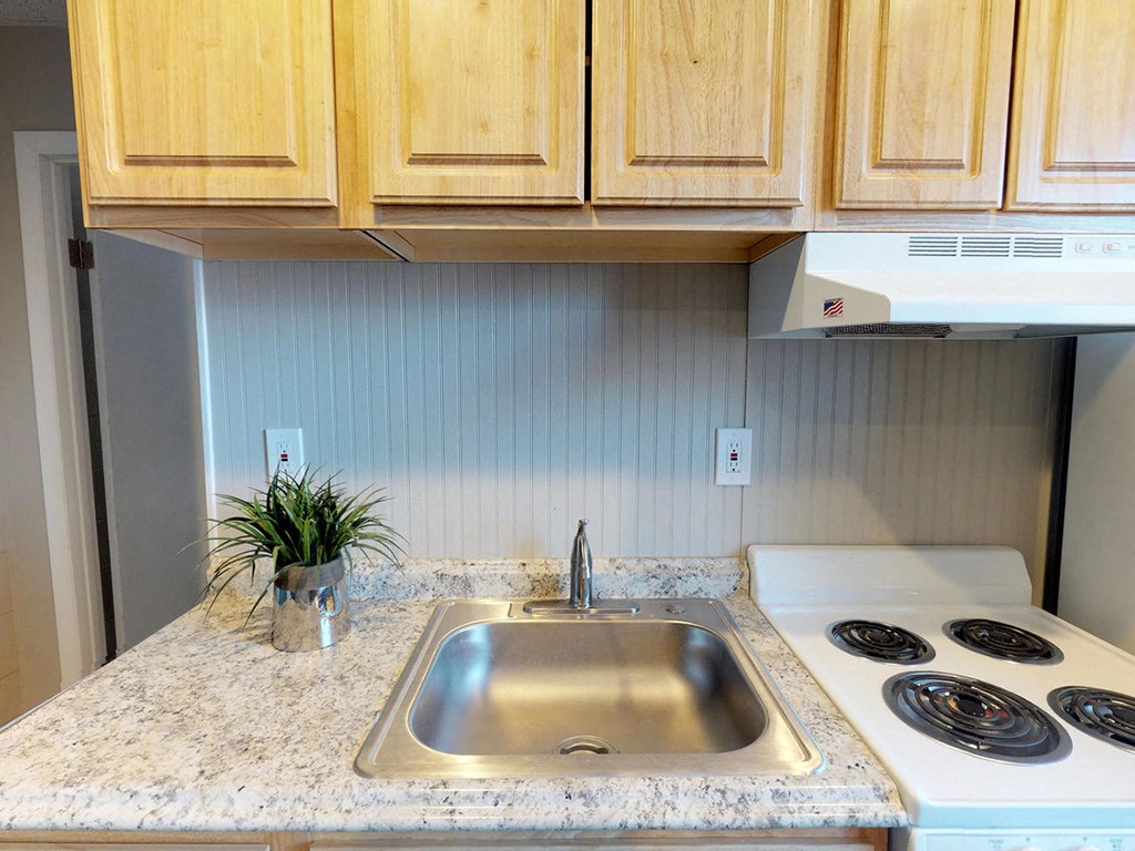 a kitchen with a sink and stove and wooden cabinets