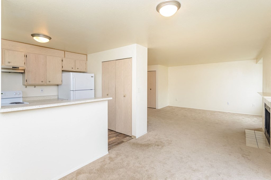an empty kitchen and living room with a white counter top