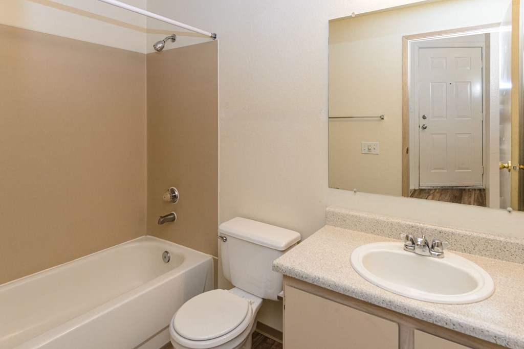 a bathroom with a sink toilet and tub and a mirror