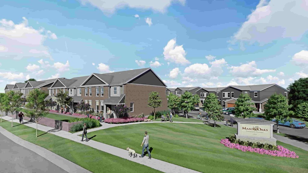 an artist rendering of a neighbourhood with people walking their dogs