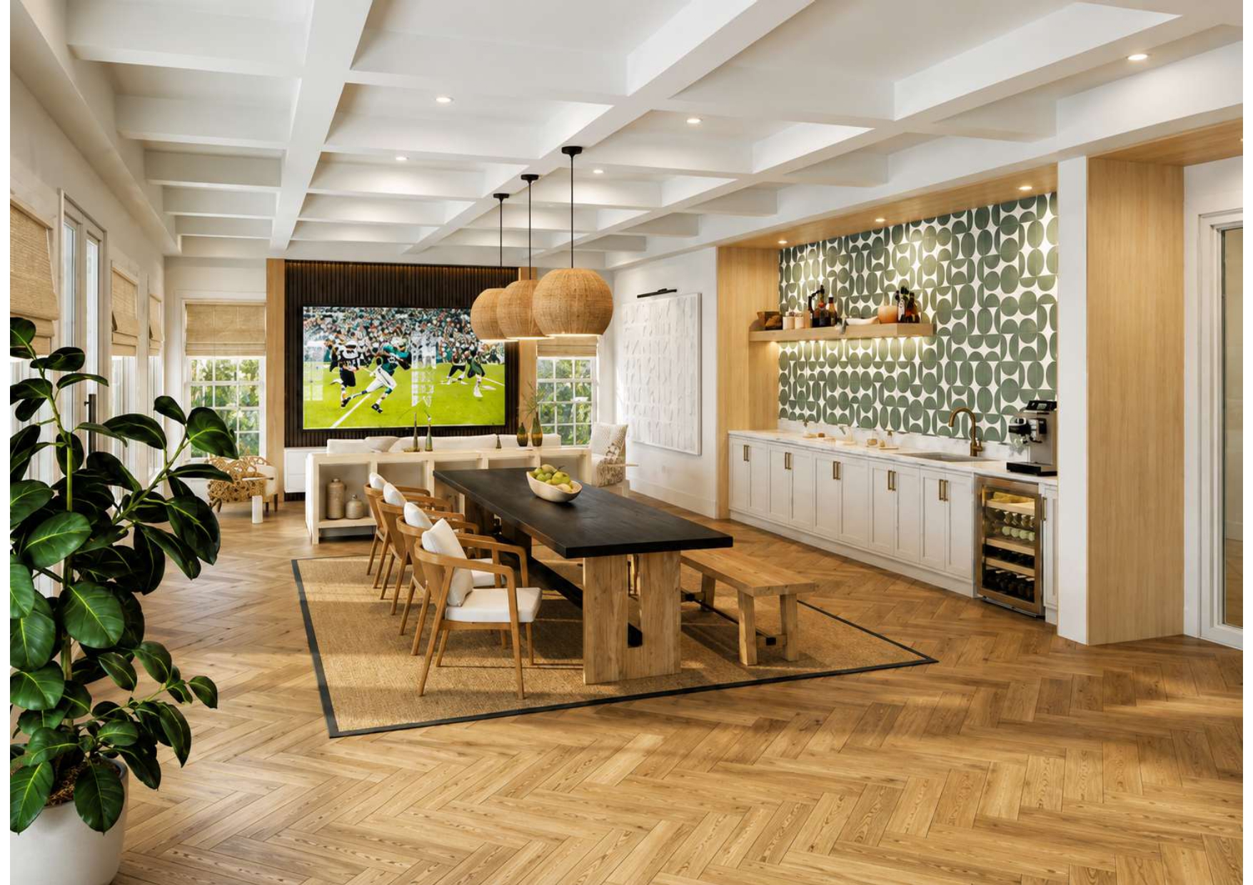 A modern dining room with a large table and chairs.